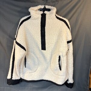 Bluivy White Sherpa 1/2 zipper Pullover with Black Accents, front pockets, soft